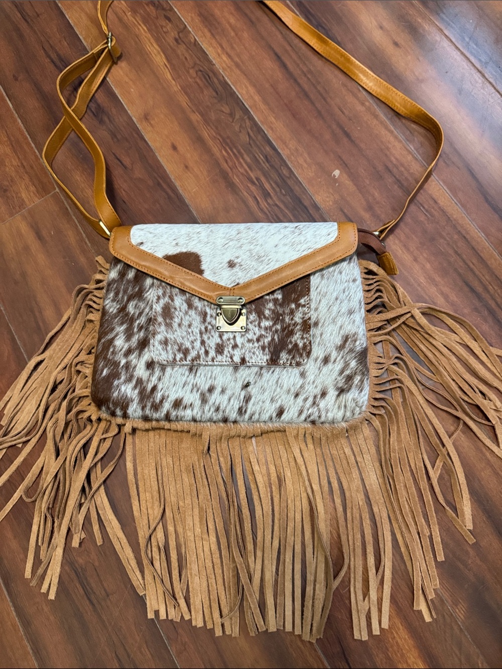 Fringe Crossbody Bag with Brown and White Cowhide